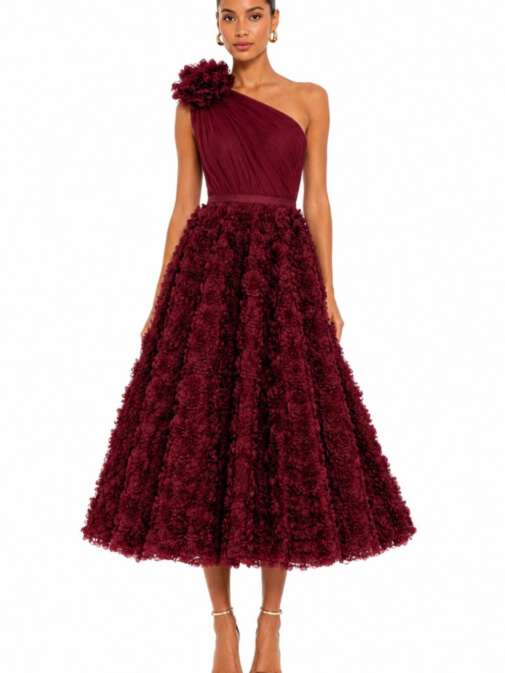 Mac Duggal Ieena One Shoulder Rosette Midi Dress Wine NWT Size 4